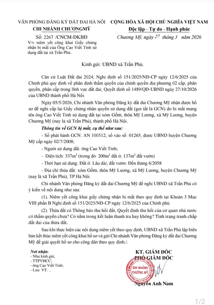 Niêm yết công khai Giấy chứng nhận quyền sử dụng đất bị mất mang tên ôn Cao Viết Tình- Ảnh 1.