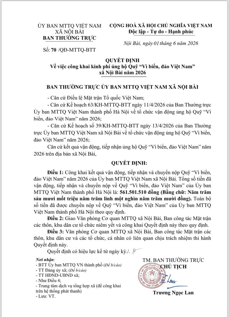 UB MTTQ VIỆT NAM XÃ NỘI BÀI CÔNG KHAI KINH PHÍ ỦNG HỘ QUỸ VÌ BIỂN ĐẢO VIỆT NAM NĂM 2026- Ảnh 1.