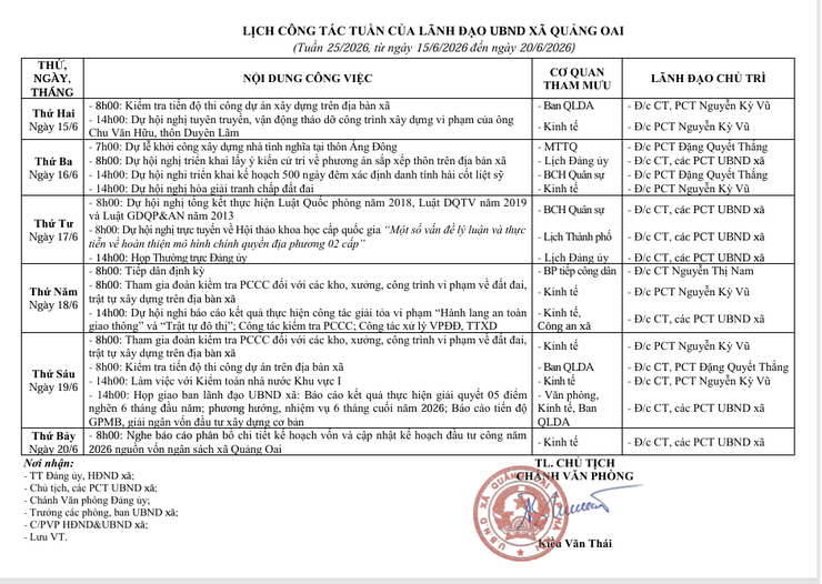 Thông báo lịch công tác tuần của Lãnh đạo UBND xã Quảng Oai, tuần 25 từ ngà y 15/6/2026 đến 20/6/2026- Ảnh 1.