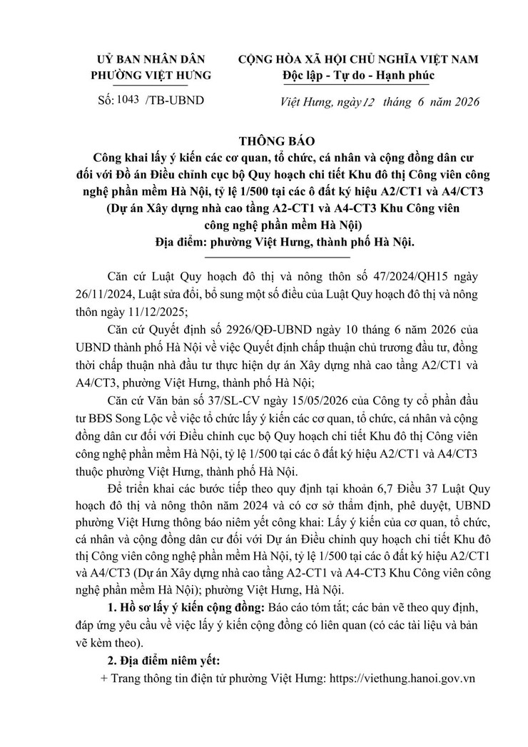 THÔNG BÁO: Công khai lấy ý kiến Đồ án Điều chỉnh cục bộ Quy hoạch chi tiết Khu đô thị Công viên công nghệ phần mềm Hà Nội- Ảnh 1.