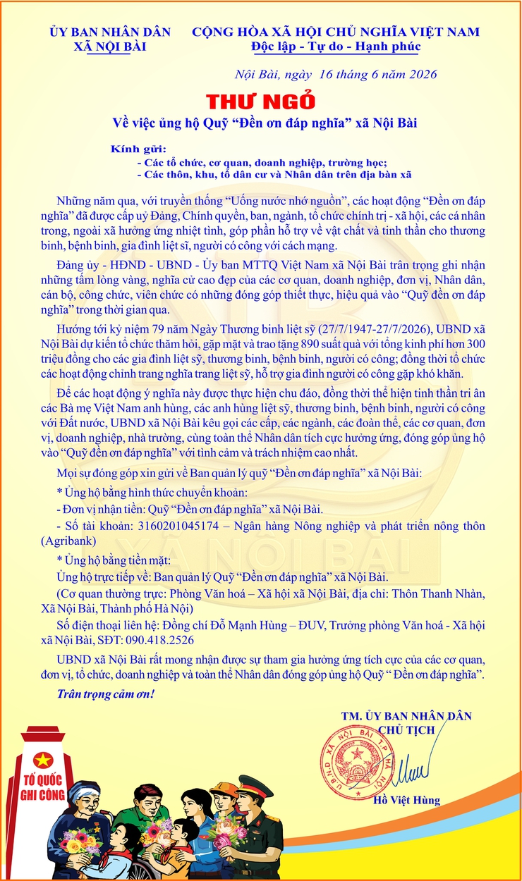 THƯ NGỎ ỦNG HỘ QUỸ "ĐỀN ƠN ĐÁP NGHĨA" XÃ NỘI BÀI- Ảnh 1.