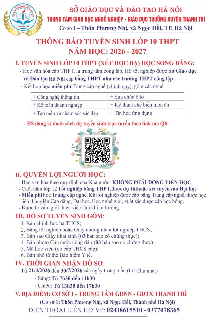  TRUNG TÂM GDNN-GDTX THANH TRÌ HƯỚNG DẪN NỘP HỒ SƠ TUYỂN SINH- Ảnh 1.