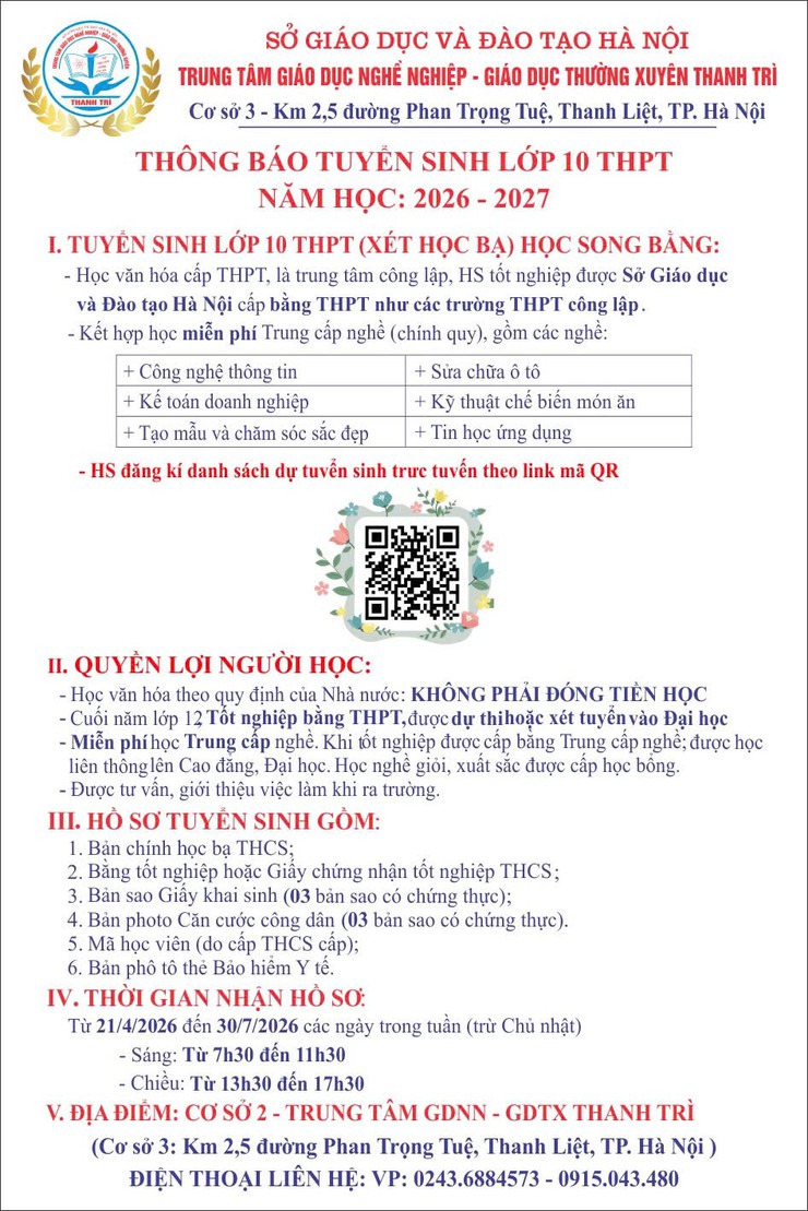 Trung tâm GDNN – GDTX Thanh Trì liên tục tuyển sinh- Ảnh 1.