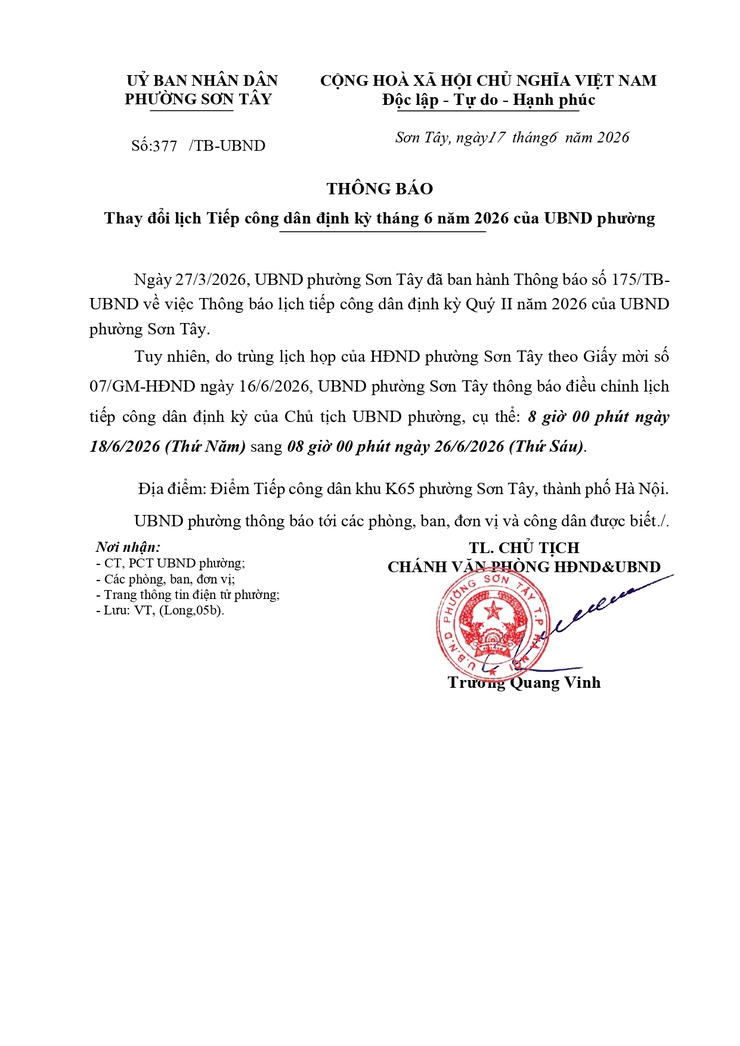 Thông báo thay đổi lịch Tiếp công dân định kỳ tháng 6/2026 của Chủ tịch UBND phường- Ảnh 1.