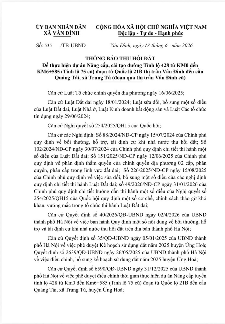 THÔNG BÁO THU HỒI ĐẤT
Để thực hiện dự án Nâng cấp, cải tạo đường Tỉnh lộ 428 từ KM0 đến KM6+585 (Tỉnh lộ 75 cũ) đoạn từ Quốc lộ 21B thị trấn Vân Đình đến cầu Quảng Tái, xã Trung Tú - Ảnh 1.