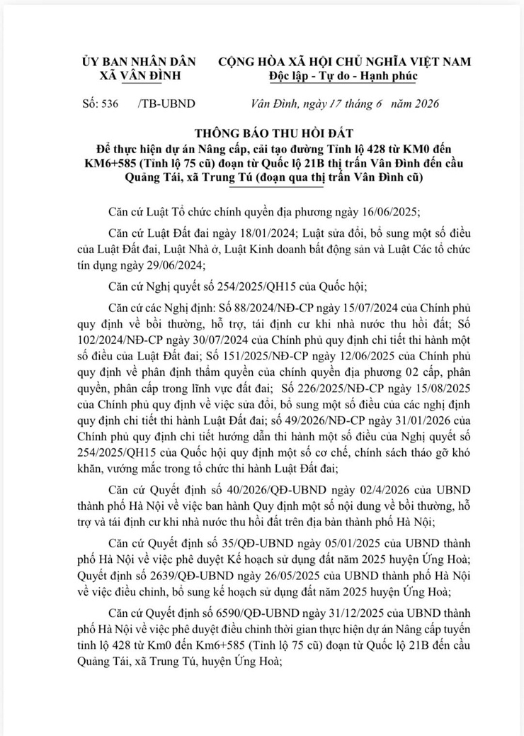 THÔNG BÁO THU HỒI ĐẤT
Để thực hiện dự án Nâng cấp, cải tạo đường Tỉnh lộ 428 từ KM0 đến KM6+585 (Tỉnh lộ 75 cũ) đoạn từ Quốc lộ 21B thị trấn Vân Đình đến cầu Quảng Tái, xã Trung Tú - Ảnh 1.