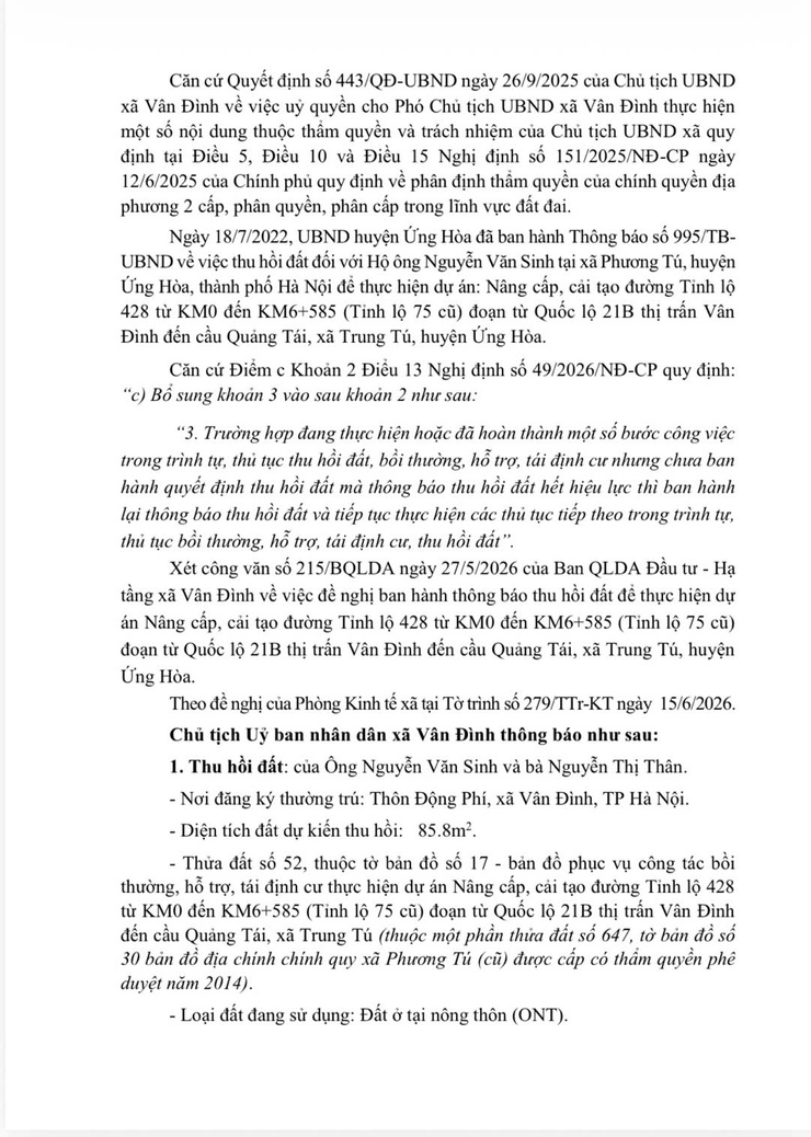 THÔNG BÁO THU HỒI ĐẤT
Để thực hiện dự án Nâng cấp, cải tạo đường Tỉnh lộ 428 từ KM0 đến KM6+585 (Tỉnh lộ 75 cũ) đoạn từ Quốc lộ 21B thị trấn Vân Đình đến cầu Quảng Tái, xã Trung Tú - Ảnh 2.