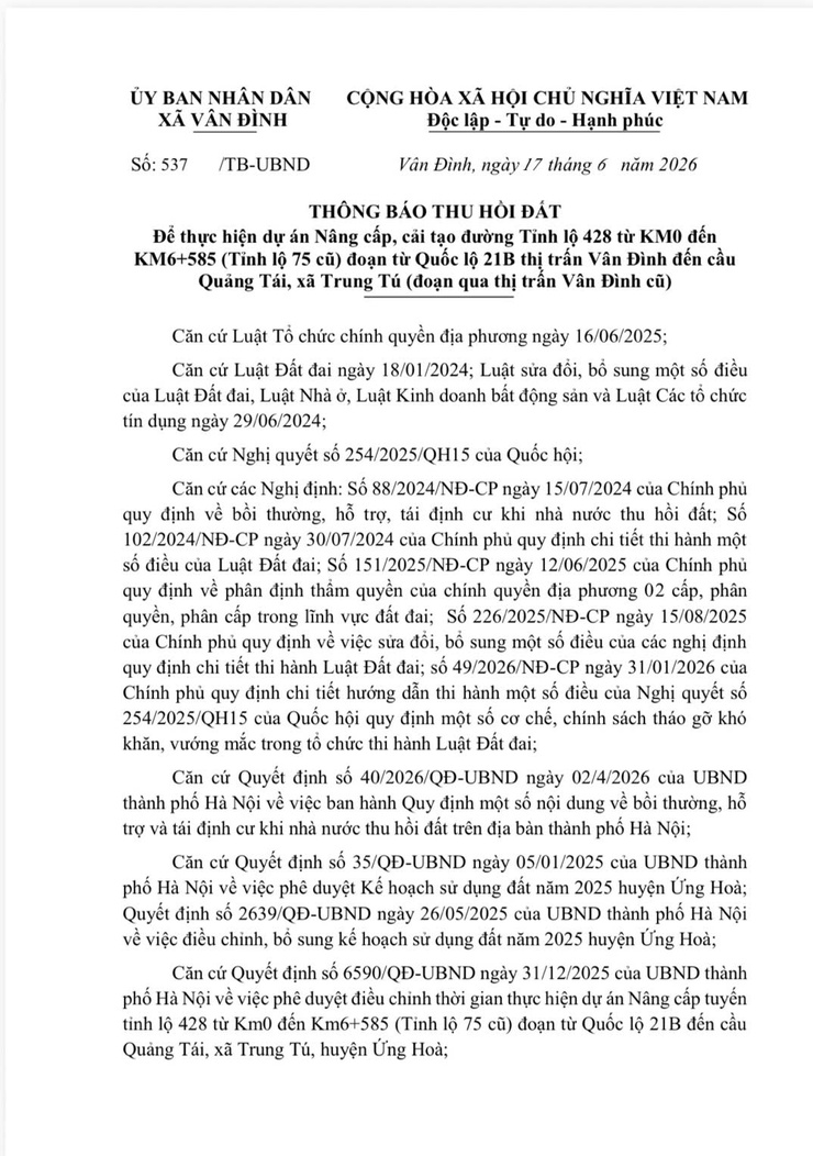THÔNG BÁO THU HỒI ĐẤT
Để thực hiện dự án Nâng cấp, cải tạo đường Tỉnh lộ 428 từ KM0 đến KM6+585 (Tỉnh lộ 75 cũ) đoạn từ Quốc lộ 21B thị trấn Vân Đình đến cầu Quảng Tái, xã Trung Tú - Ảnh 1.