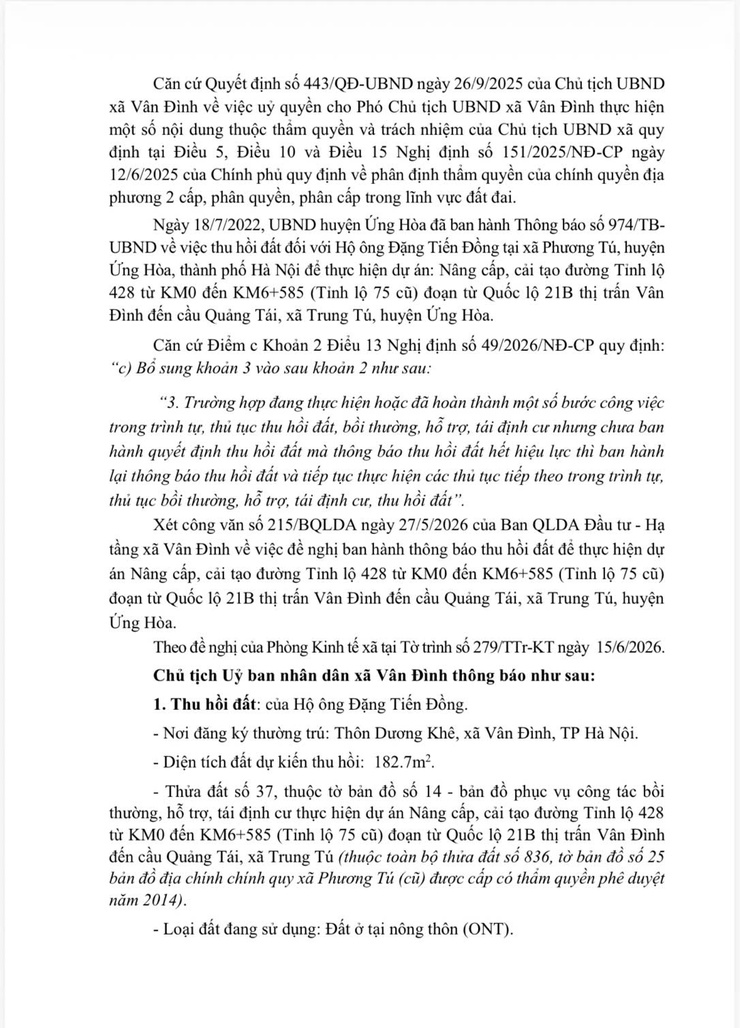 THÔNG BÁO THU HỒI ĐẤT
Để thực hiện dự án Nâng cấp, cải tạo đường Tỉnh lộ 428 từ KM0 đến KM6+585 (Tỉnh lộ 75 cũ) đoạn từ Quốc lộ 21B thị trấn Vân Đình đến cầu Quảng Tái, xã Trung Tú - Ảnh 2.