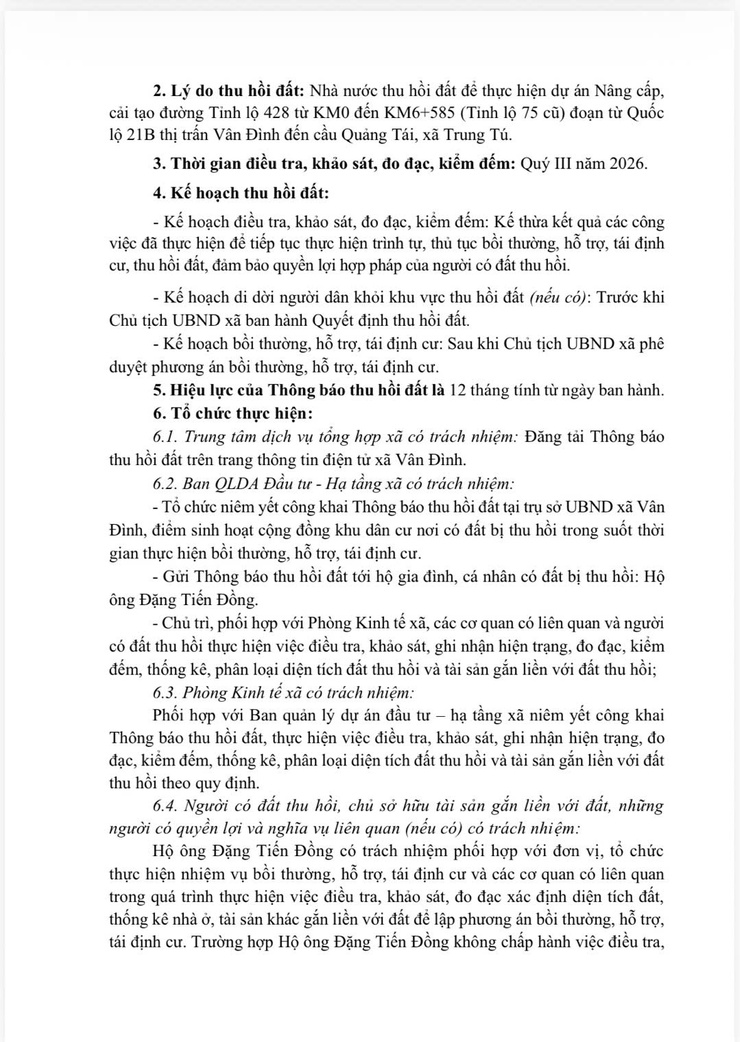 THÔNG BÁO THU HỒI ĐẤT
Để thực hiện dự án Nâng cấp, cải tạo đường Tỉnh lộ 428 từ KM0 đến KM6+585 (Tỉnh lộ 75 cũ) đoạn từ Quốc lộ 21B thị trấn Vân Đình đến cầu Quảng Tái, xã Trung Tú - Ảnh 3.
