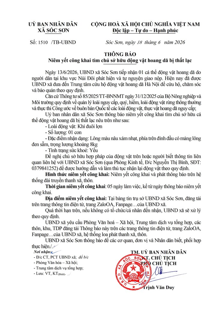 THÔNG BÁO NIÊM YẾT CÔNG KHAI TÌM CHỦ SỞ HỮU ĐỘNG VẬT HOANG DÃ BỊ THẤT LỌNG
- Ảnh 1.