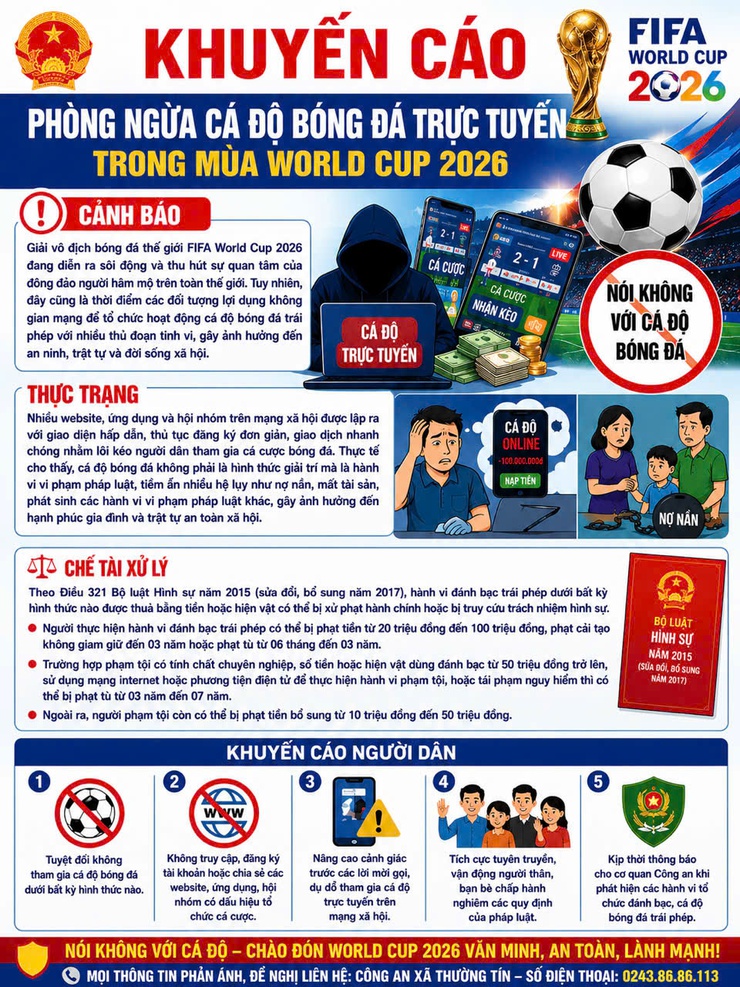 UBND xã Thường Tín khuyến cáo phòng ngừa cá độ bóng đá trực tuyến trong mùa World cup 2026- Ảnh 1.