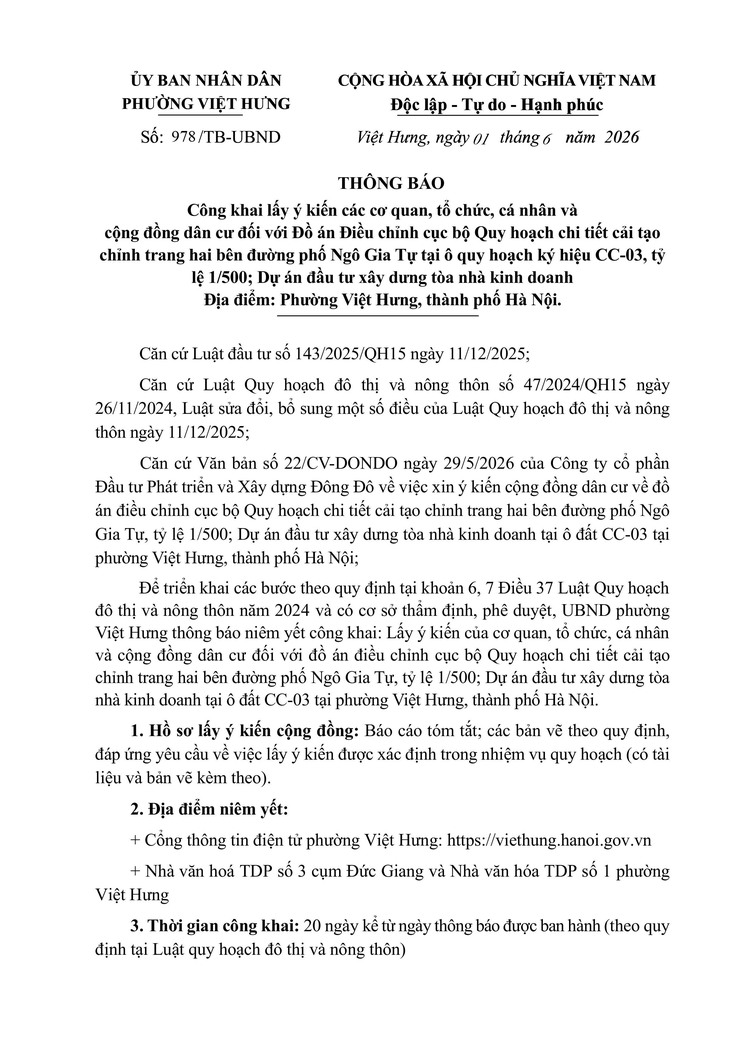 THÔNG BÁO: Công khai lấy ý kiến Đồ án Điều chỉnh cục bộ Quy hoạch chi tiết cải tạo chỉnh trang hai bên đường phố Ngô Gia Tự tại ô quy hoạch ký hiệu CC-03- Ảnh 2.