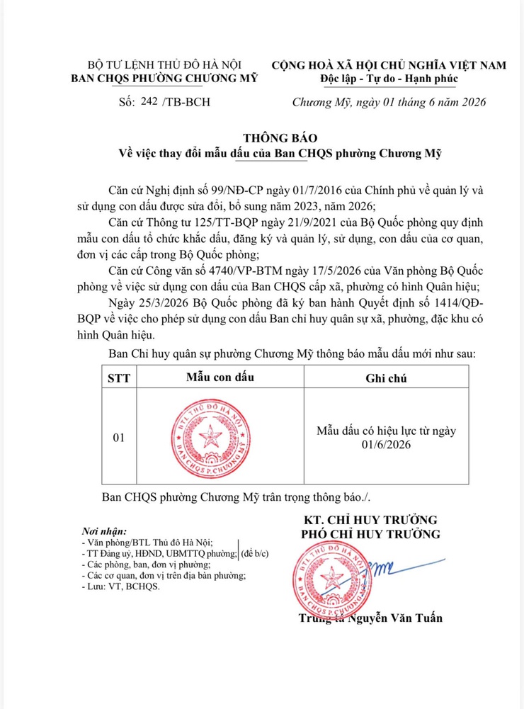 Thông báo thay đổi mẫu dấu của Ban CHQS phường Chương Mỹ- Ảnh 1.