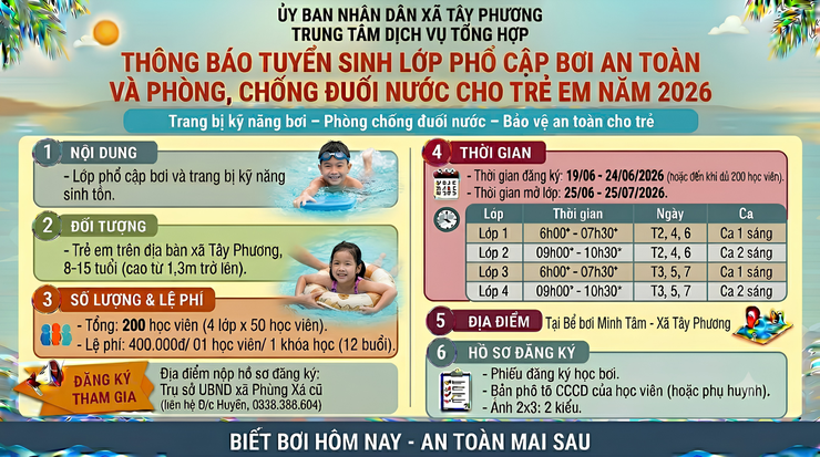 THÔNG BÁO MỞ LỚP PHỔ CẬP BƠI AN TOÀN PHÒNG, CHỐNG ĐUỐI NƯỚC CHO TRẺ EM NĂM 2026- Ảnh 1.