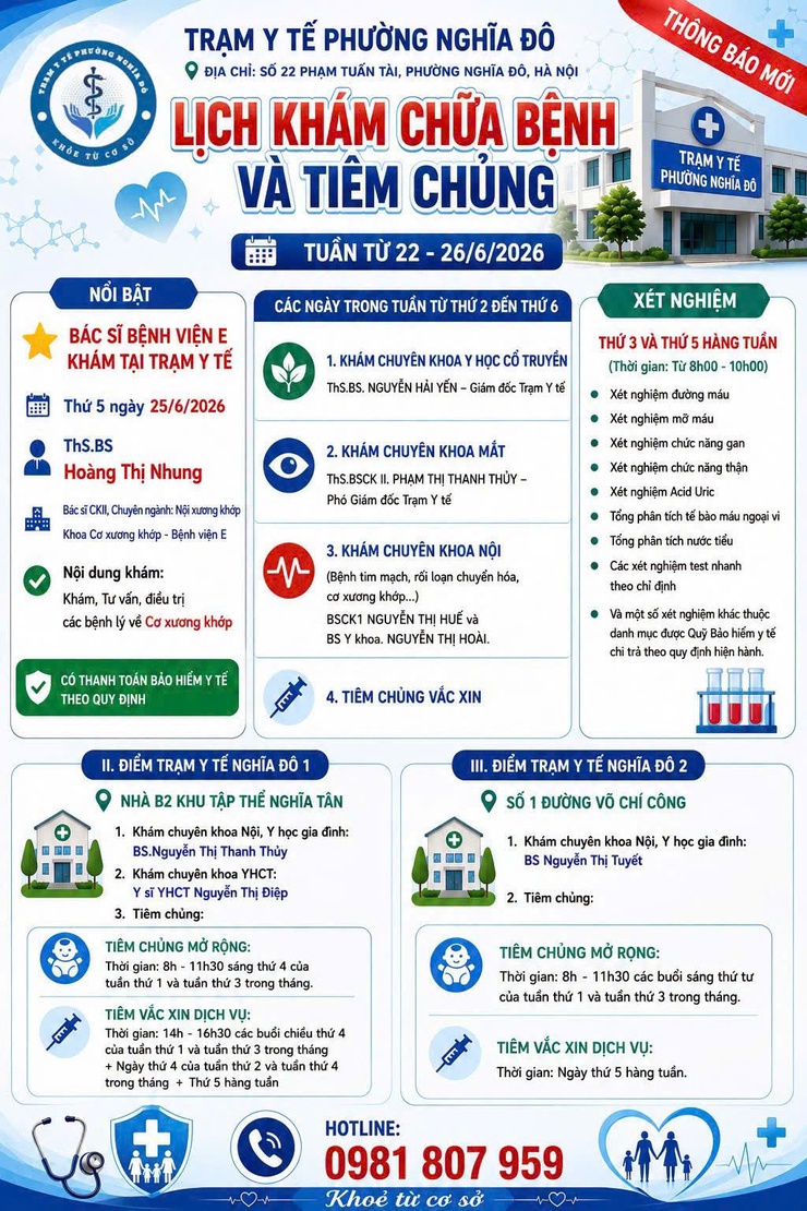 THÔNG BÁO LỊCH KHÁM CHỮA BỆNH VÀ TIÊM CHỦNG TUẦN TỪ 22 – 26/6/2026- Ảnh 1.