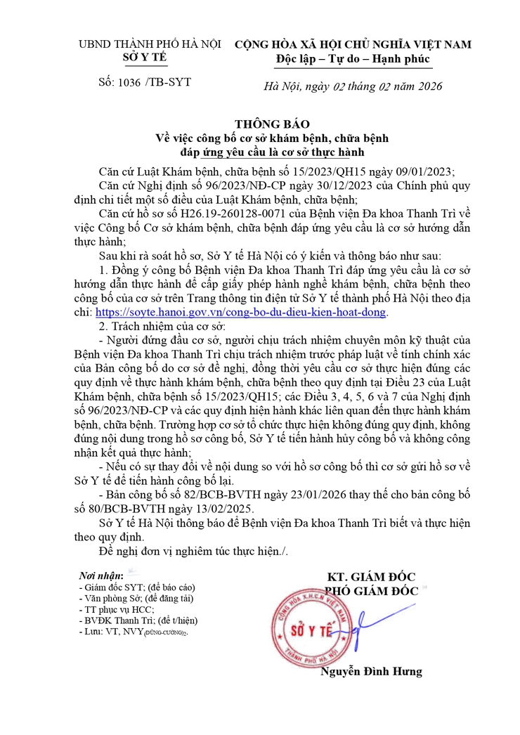 Sở Y tế Hà Nội công bố Bệnh viện Đa khoa Thanh Trì đủ điều kiện là cơ sở hướng dẫn thực hành khám bệnh, chữa bệnh- Ảnh 1.
