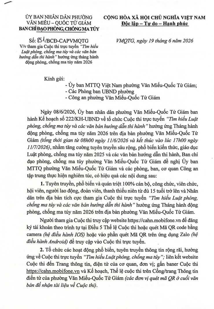 PHƯỜNG VĂN MIẾU - QUỐC TỬ GIÁM PHÁT ĐỘNG THAM GIA CUỘC THI TRỰC TUYẾN “TÌM HIỂU LUẬT PHÒNG, CHỐNG MA TÚY VÀ CÁC VĂN BẢN HƯỚNG DẪN THI HÀNH” NĂM 2026- Ảnh 1.