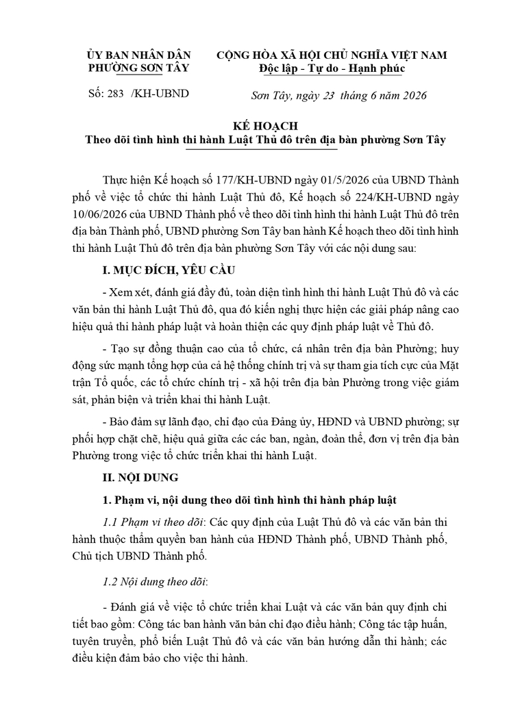 Kế hoạch Theo dõi tình hình thi hành Luật Thủ đô trên địa bàn phường Sơn Tây- Ảnh 1.