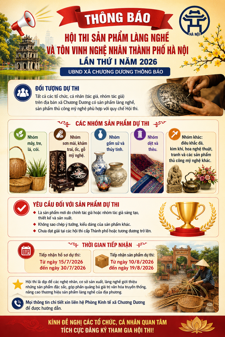 Thông báo tổ chức Hội thi sản phẩm làng nghề và tôn vinh nghệ nhân thành phố Hà Nội lần thứ nhất năm 2026
- Ảnh 1.