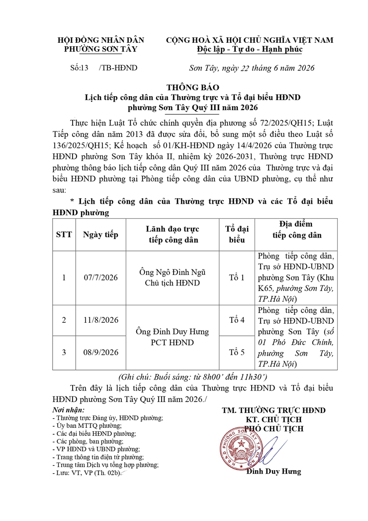Thông báo Lịch tiếp công dân Quý III/2026 của Thường trực HĐND và Tổ đại biểu HĐND phường khoá II- Ảnh 1.