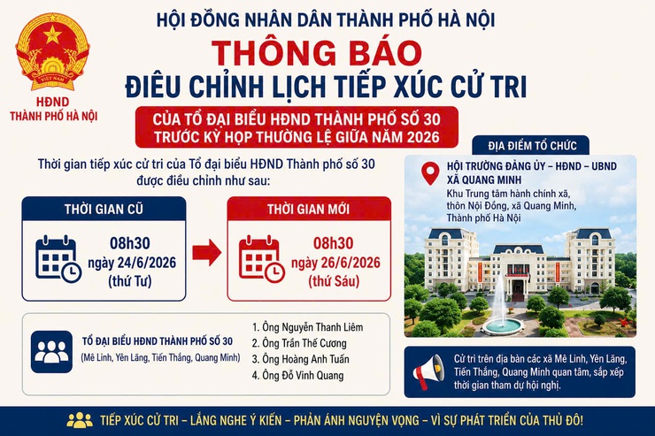 Thông báo: Điều chỉnh lịch tiếp xúc cử tri của Tổ đại biểu HĐND Thành phố số 30 trước kỳ họp thường lệ giữa năm 2026- Ảnh 1.