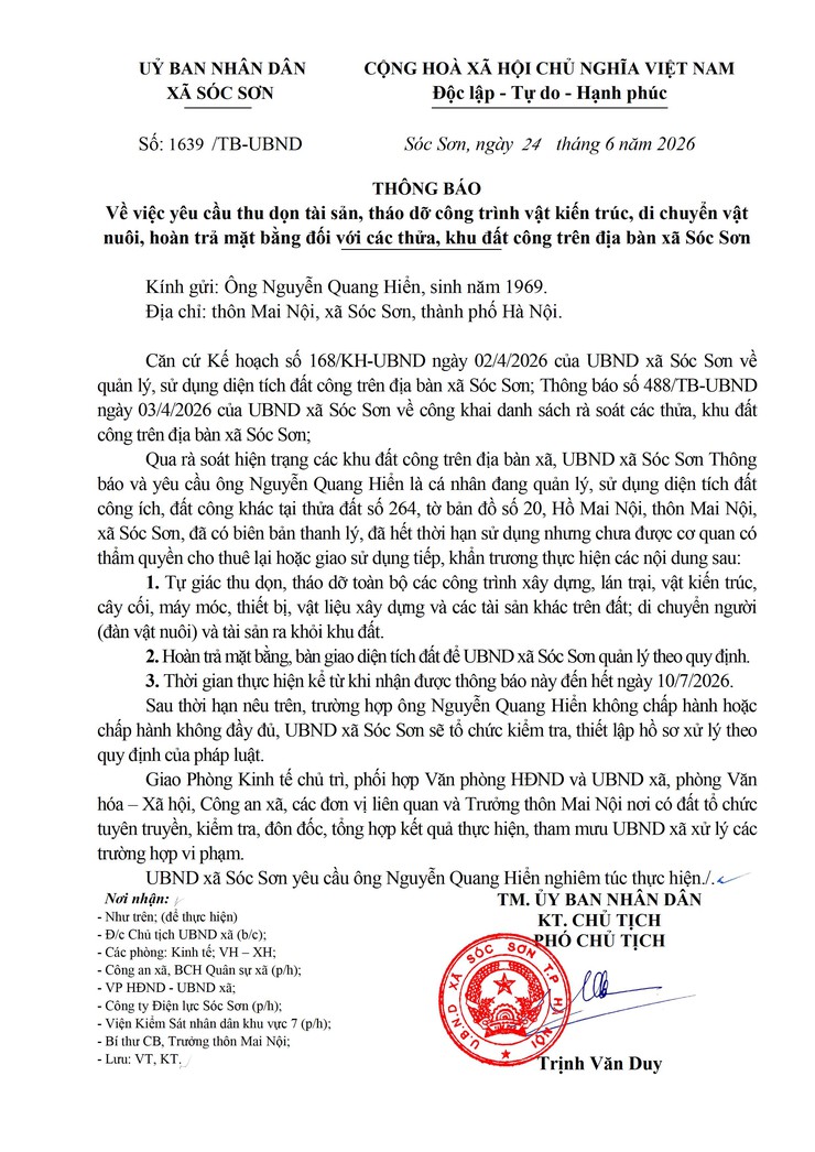 THÔNG BÁO VỀ VIỆC YÊU CẦU THU DỌN TÀI SẢN, THÁO DỠ CÔNG TRÌNH VẬT KIẾN TRÚC, DI CHUYỂN VẬT NUÔI, HOÀN TRẢ MẶT BẰNG ĐỐI VỚI CÁC THỬA, KHU ĐẤT CÔNG TRÊN ĐỊA BÀN XÃ SÓC SƠN- Ảnh 2.