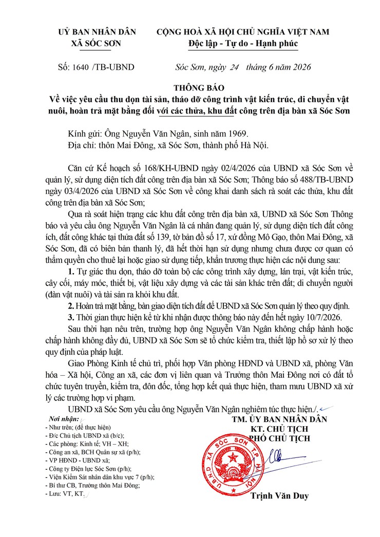 THÔNG BÁO VỀ VIỆC YÊU CẦU THU DỌN TÀI SẢN, THÁO DỠ CÔNG TRÌNH VẬT KIẾN TRÚC, DI CHUYỂN VẬT NUÔI, HOÀN TRẢ MẶT BẰNG ĐỐI VỚI CÁC THỬA, KHU ĐẤT CÔNG TRÊN ĐỊA BÀN XÃ SÓC SƠN- Ảnh 4.