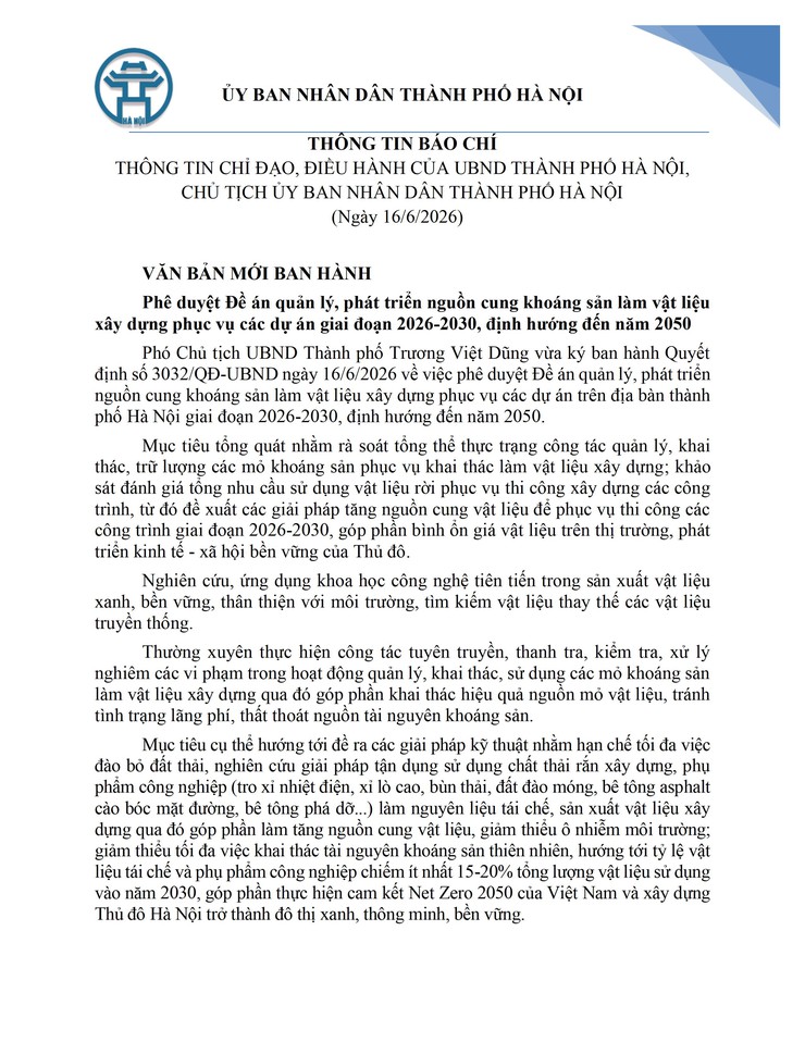 THÔNG TIN BÁO CHÍ THÔNG TIN CHỈ ĐẠO, ĐIỀU HÀNH CỦA UBND THÀNH PHỐ HÀ NỘI, CHỦ TỊCH ỦY BAN NHÂN DÂN THÀNH PHỐ HÀ NỘI (Ngày 16/6/2026)- Ảnh 1.