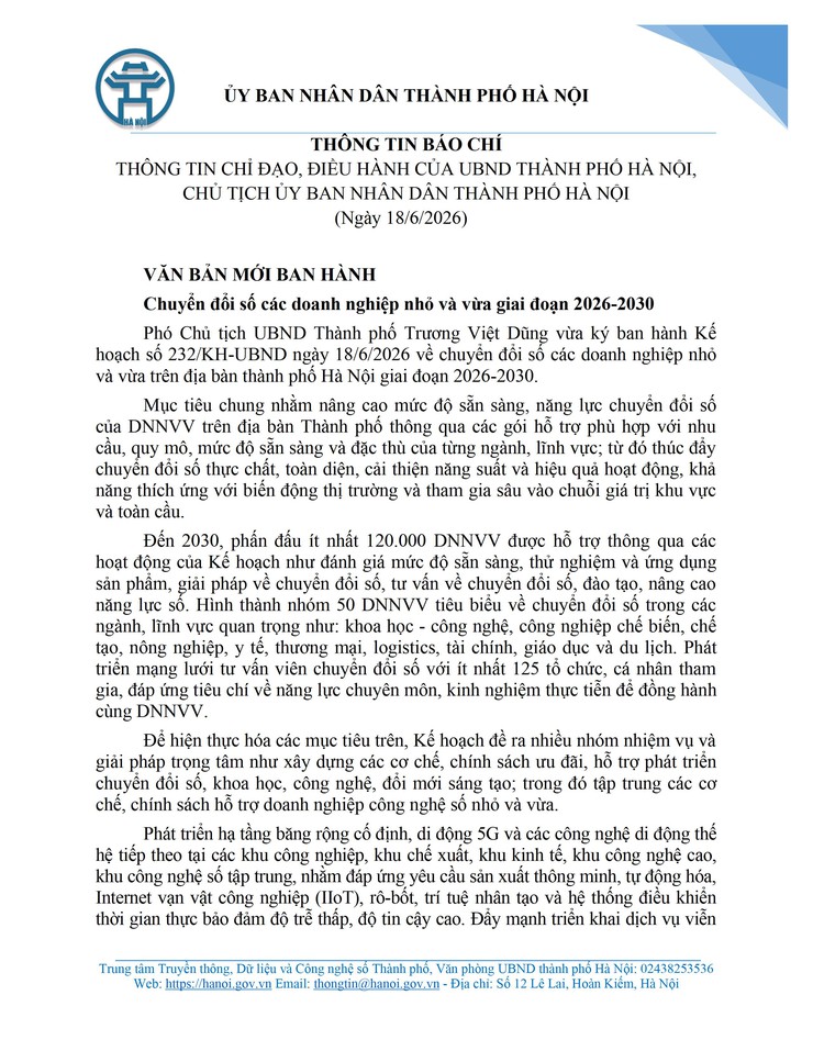 THÔNG TIN BÁO CHÍ THÔNG TIN CHỈ ĐẠO, ĐIỀU HÀNH CỦA UBND THÀNH PHỐ HÀ NỘI,  CHỦ TỊCH ỦY BAN NHÂN DÂN THÀNH PHỐ HÀ NỘI (Ngày 18/6/2026) - Ảnh 1.