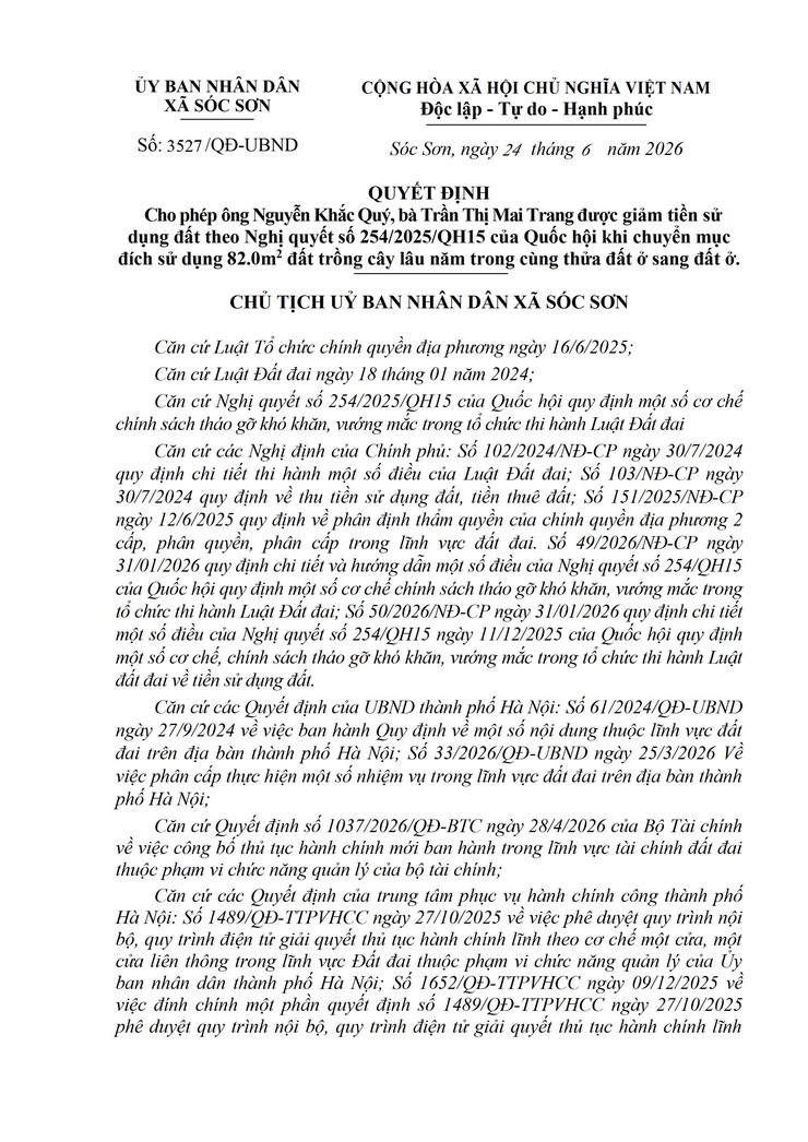 QUYẾT ĐỊNH CHO PHÉP HỘ GIA ĐÌNH ĐƯỢC GIẢM TIỀN 
SỬ DỤNG ĐẤT THEO NGHỊ QUYẾT SỐ 254/2025/QH15 của QUỐC HỘI KHI CHUYỂN MỤC ĐÍCH SỬ DỤNG ĐẤT TRỒNG CÂY LÂU NĂM TRONG CÙNG THỬA ĐẤT Ở SANG ĐẤT Ở.- Ảnh 7.