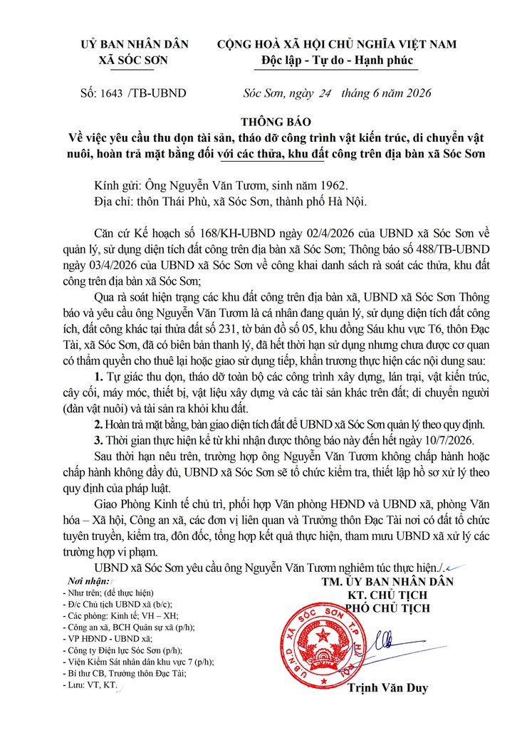 THÔNG BÁO VỀ VIỆC YÊU CẦU THU DỌN TÀI SẢN, THÁO DỠ CÔNG TRÌNH VẬT KIẾN TRÚC, DI CHUYỂN VẬT NUÔI, HOÀN TRẢ MẶT BẰNG ĐỐI VỚI CÁC THỬA, KHU ĐẤT CÔNG TRÊN ĐỊA BÀN XÃ SÓC SƠN- Ảnh 4.