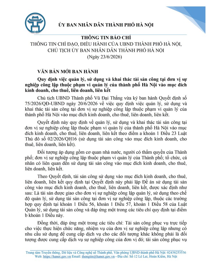 THÔNG TIN CHỈ ĐẠO, ĐIỀU HÀNH CỦA UBND THÀNH PHỐ HÀ NỘI, CHỦ TỊCH ỦY BAN NHÂN DÂN THÀNH PHỐ HÀ NỘI (Ngày 23/6/2026) - Ảnh 1.