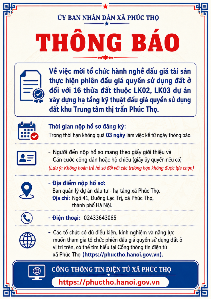 THÔNG BÁO MỜI TỔ CHỨC HÀNH NGHỀ ĐẤU GIÁ QSD 16 THỬA ĐẤT KHU LK02, LK03 KHU TRUNG TÂM THỊ TRẤN, XÃ PHÚC THỌ- Ảnh 1.
