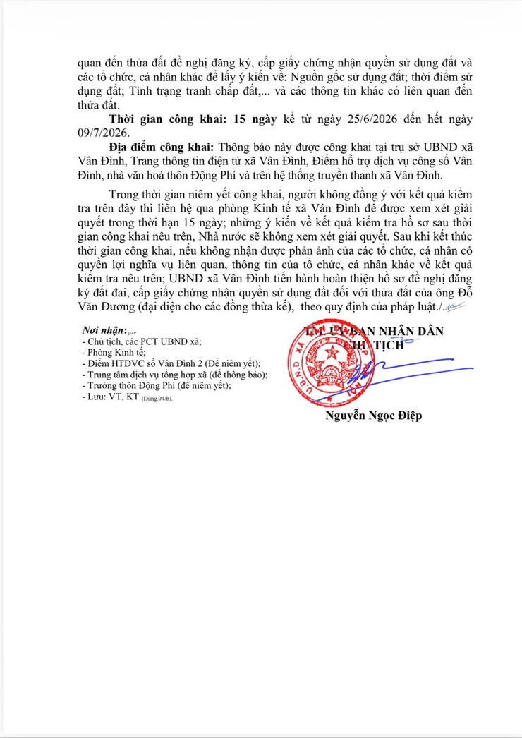 THÔNG BÁO
Về việc niêm yết công khai hồ sơ đăng ký đất đai, cấp giấy chứng nhận quyền sử dụng đất, quyền sở hữu tài sản gắn liền với đất đối với ông Đỗ Văn Đương (đại diện cho các đồng thừa kế)- Ảnh 2.