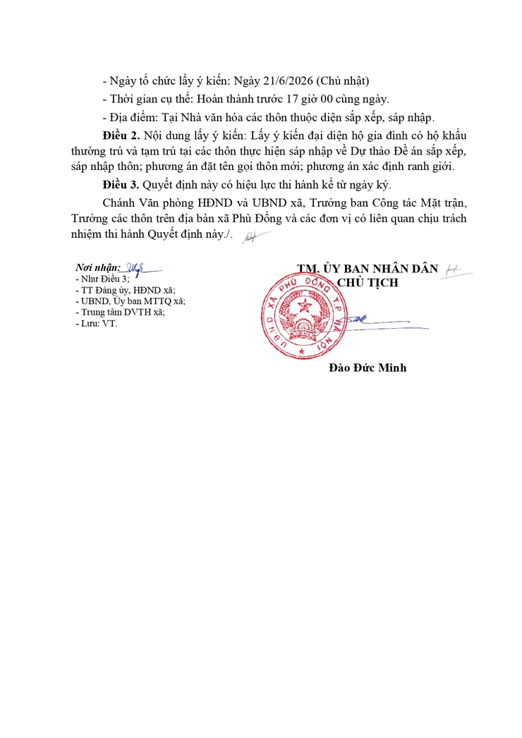 Quyết định về việc công bố ngày tổ chức lấy ý kiến đại diện hộ gia đình thực hiện sáp nhập thôn để thành lập thôn mới trên địa bàn xã Phù Đổng- Ảnh 2.