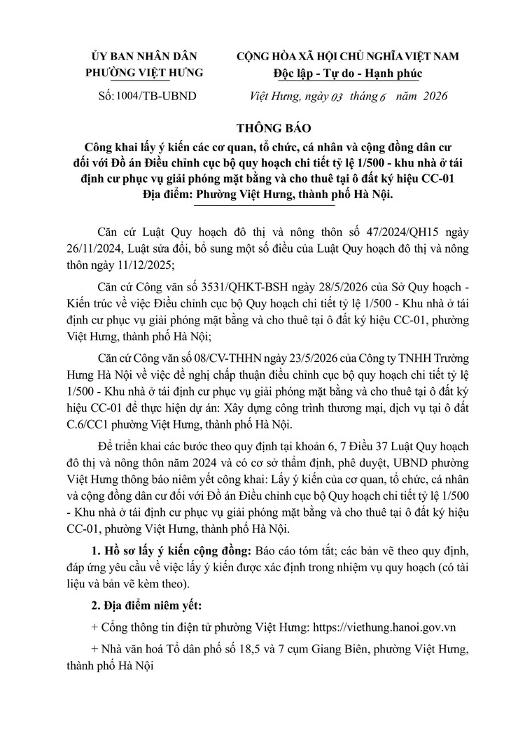 THÔNG BÁO: Công khai lấy ý kiến Đồ án Điều chỉnh quy hoạch tại ô đất ký hiệu CC-01- Ảnh 2.
