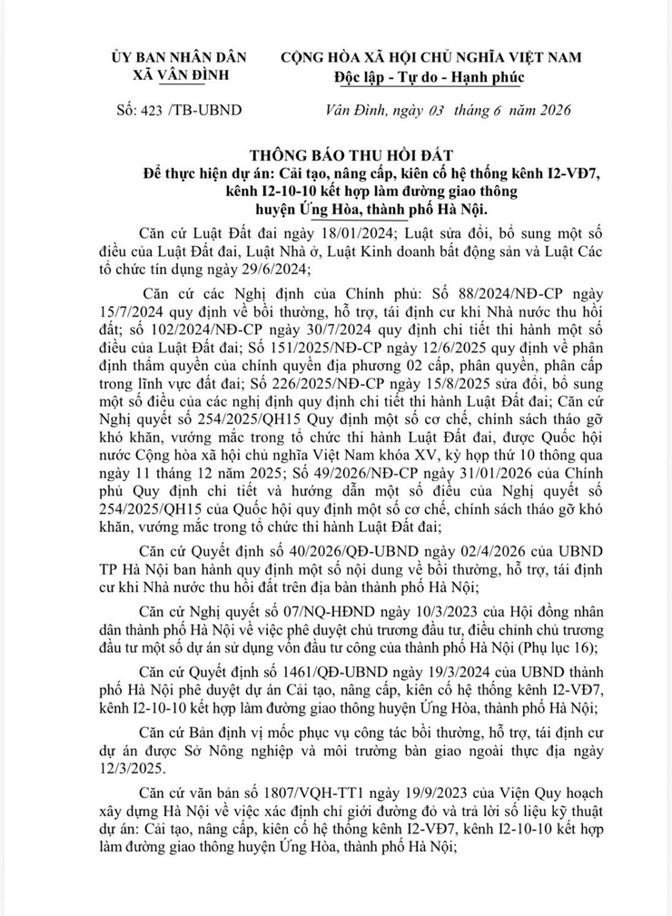 Thông báo thu hòi đất để thực hiện dự án: Cải tạo, nâng cấp, kiên cố hệ thống kênh I2-VĐ7, kênh I2-10-10 kết hợp làm đường giao thông huyện Ứng Hòa, thành phố Hà Nội.- Ảnh 1.