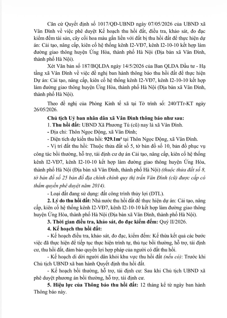 Thông báo thu hòi đất để thực hiện dự án: Cải tạo, nâng cấp, kiên cố hệ thống kênh I2-VĐ7, kênh I2-10-10 kết hợp làm đường giao thông huyện Ứng Hòa, thành phố Hà Nội.- Ảnh 2.