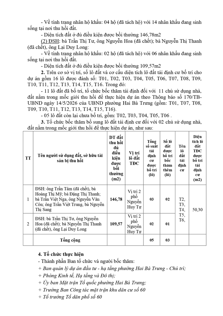 Phương án bốc thăm đất ở tái định cư đối với các hộ gia đình, cá nhân bị thu hồi đất phục vụ công tác BT, HT, TĐC dự án mở rộng Nhà tang lễ Quốc gia tại số 5 phố Trần Thánh Tông.- Ảnh 2.