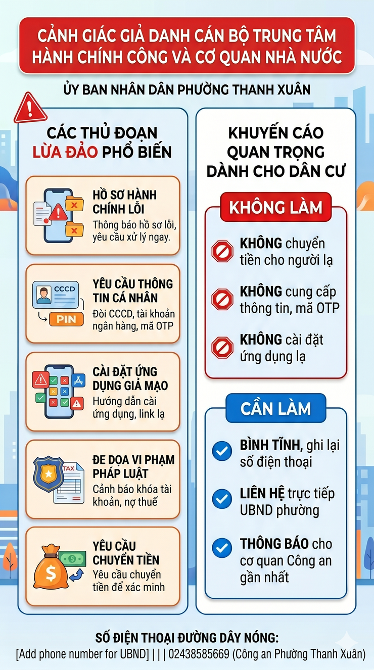 Cảnh giác với các hành vi lừa đảo giả danh Cán bộ Trung tâm Hành chính công và Cơ quan nhà nước trên địa bàn phường Thanh Xuân- Ảnh 1.