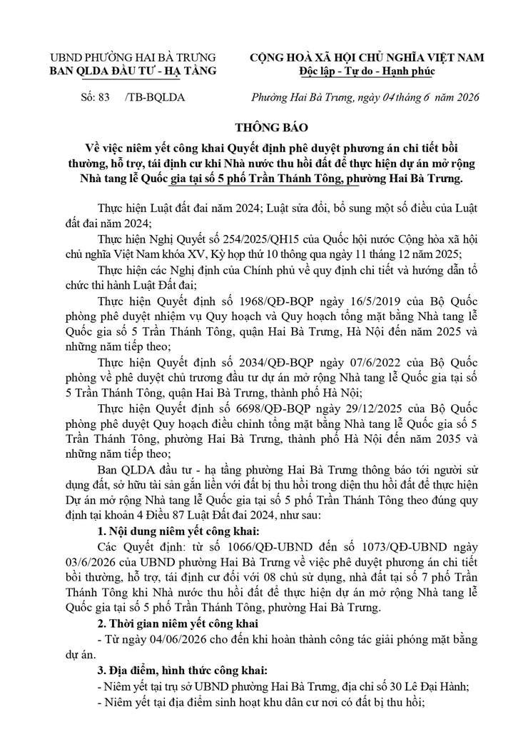 Thông báo niêm yết công khai Quyết định phê duyệt phương án chi tiết bồi thường, hỗ trợ, tái định cư khi Nhà nước thu hồi đất để thực hiện dự án mở rộng Nhà tang lễ Quốc gia tại số 5 phố Trần Thánh Tông, phường Hai Bà Trưng- Ảnh 1.