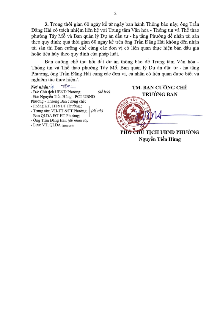 THÔNG BÁO Về việc quản lý tài sản của hộ gia đình, cá nhân có liên quan khi tổ chức thực hiện cưỡng chế thu hồi đất tại Dự án đầu tư Khu nhà ở Tây Mỗ tại phường Tây Mỗ, thành phố Hà Nội- Ảnh 2.