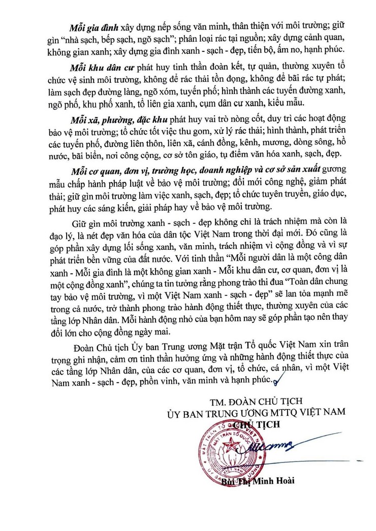 Lời kêu gọi của Đoàn Chủ tịch Trung ương Mặt trận tổ quốc Việt Nam về phong trào "Toàn dân chung tay bảo vệ môi trường, vì một Việt Nam xanh - sạch - đẹp"- Ảnh 3.