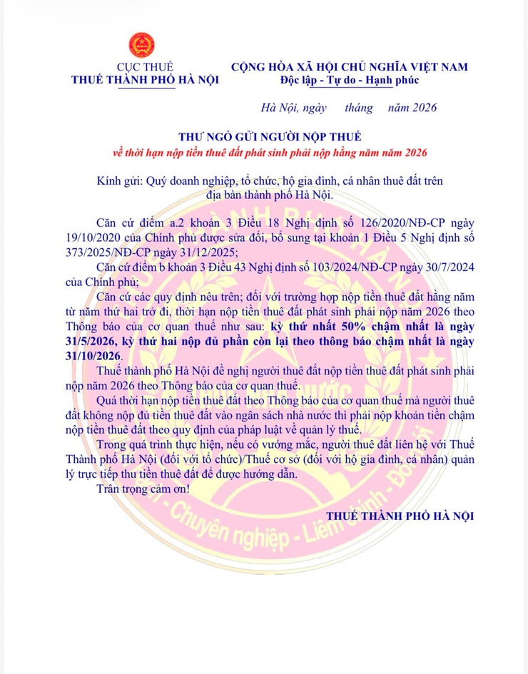 UBND Phường Tương Mai thông báo THƯ NGỎ gửi người nộp thuế về thời hạn nộp tiền thuê đất phát sinh phải nộp hằng năm năm 2026
- Ảnh 1.
