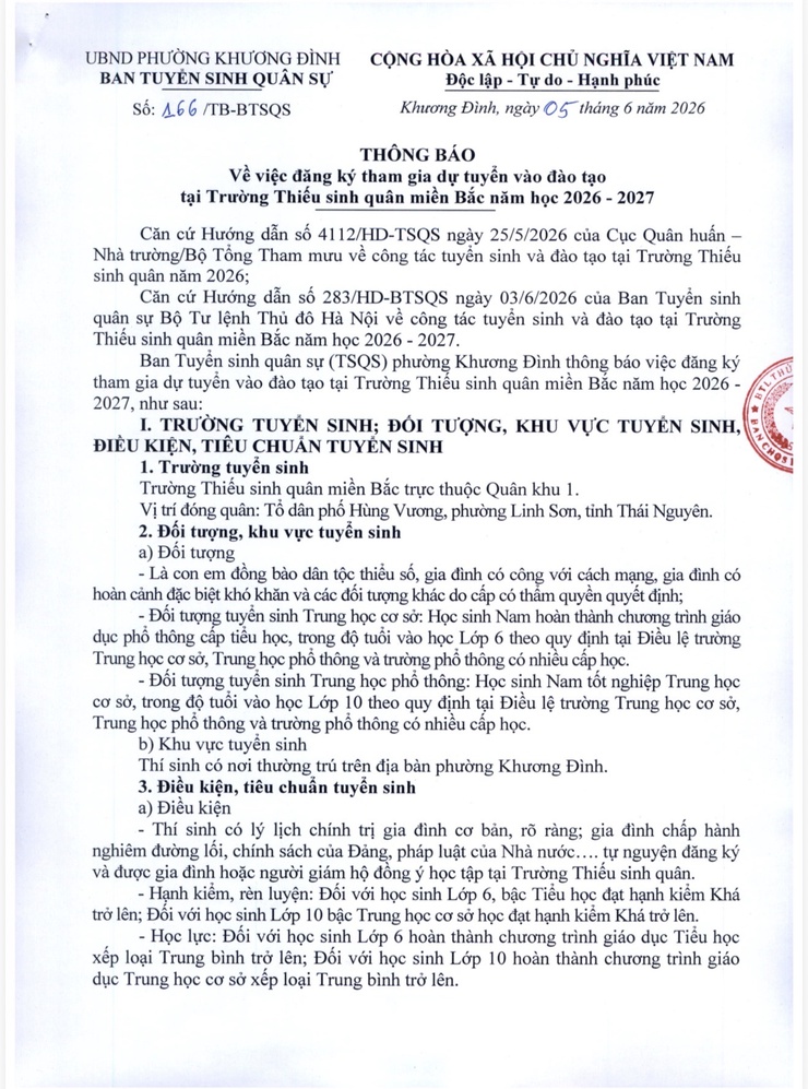 Phường Khương Đình thông báo tuyển sinh vào Trường Thiếu sinh quân miền Bắc năm học 2026 – 2027

- Ảnh 1.
