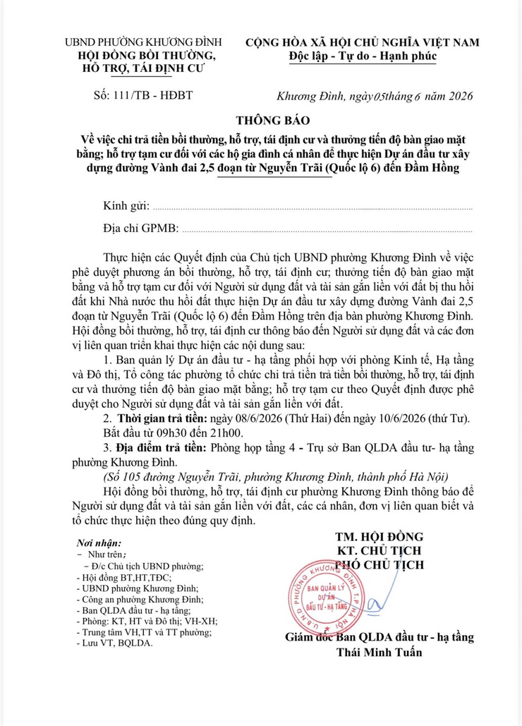 Thông báo thay đổi địa điểm chi trả tiền bồi thường, hỗ trợ, tái định cư Dự án đường Vành đai 2,5- Ảnh 1.