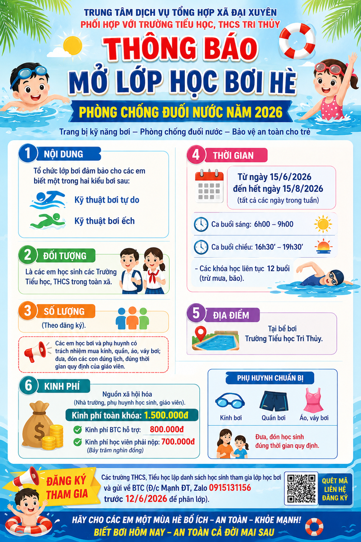  THÔNG BÁO MỞ LỚP HỌC BƠI HÈ PHÒNG CHỐNG ĐUỐI NƯỚC NĂM 2026 - Ảnh 1.