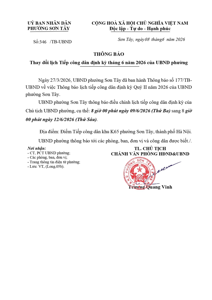 Thông báo Thay đổi lịch Tiếp công dân định kỳ tháng 6 năm 2026 của UBND phường- Ảnh 1.