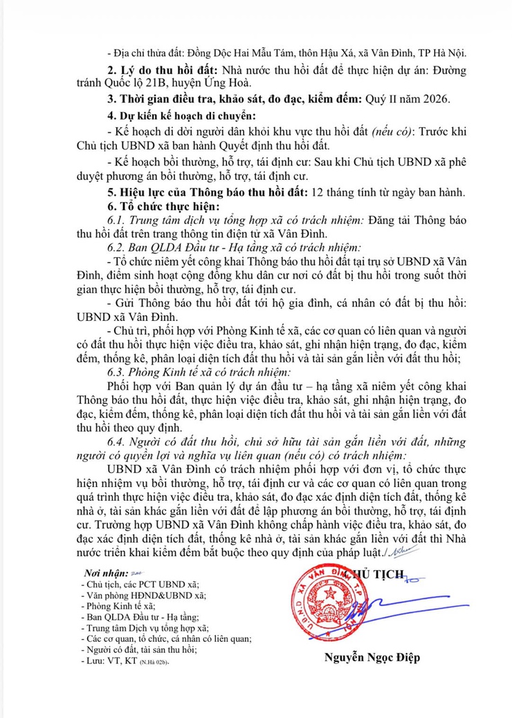 THÔNG BÁO
Về việc thu hồi 68,7m2 đất chuyên trồng lúa nước của UBND xã Vân Đình để thực hiện dự án: Đường tránh Quốc lộ 21B, huyện Ứng Hoà
- Ảnh 2.